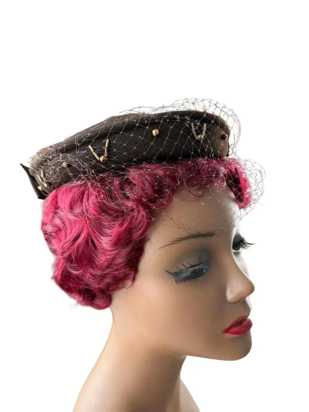 Vintage 1950s Brown Felt Pillbox Hat: Beaded Veil Fascinator